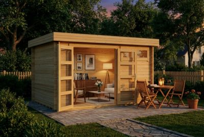 Abri de jardin Leandro Alpholz, 39x27m dim ext (cas échéant incl débord de toit) naturel, épaisseur paroi : 28mm, 10,6m² totale