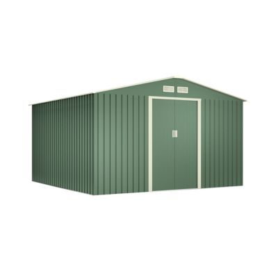 Abri de Jardin Métal 10,2m² Light Green - Porte Coulissante Double - Grilles de Ventilation - Toit a Pignon