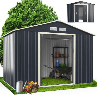 Abri de Jardin Métal 5m2 avec Porte Coulissante Toit en Pente, Cabane de Jardin Extérieur 277x192x202cm