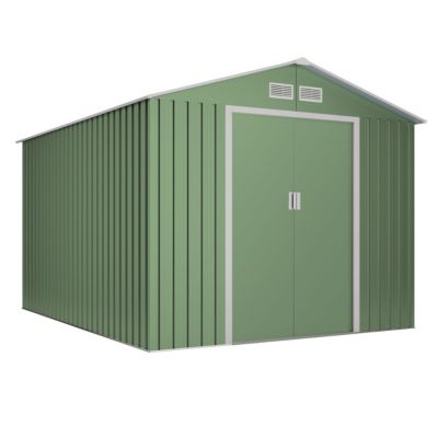 Abri de Jardin Métal 8,08m² Light Green - Porte Coulissante Double - Grilles de Ventilation - Toit a Pignon