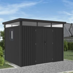 Abri de jardin métal anthracite 7.45m² toit plat + kit d'ancrage