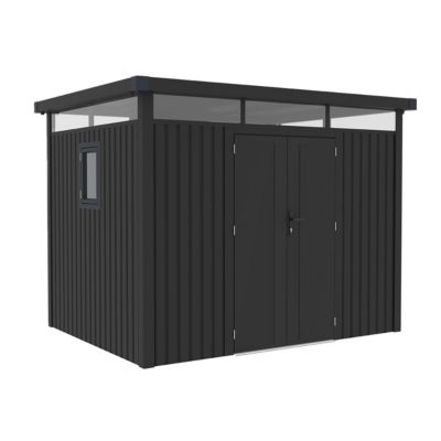 Abri de jardin métal anthracite 7.45m² toit plat + kit d'ancrage