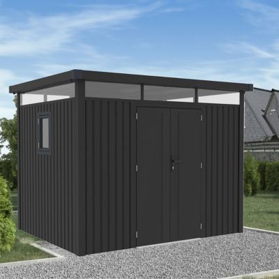 Abri de jardin métal anthracite 7.45m² toit plat + kit d'ancrage
