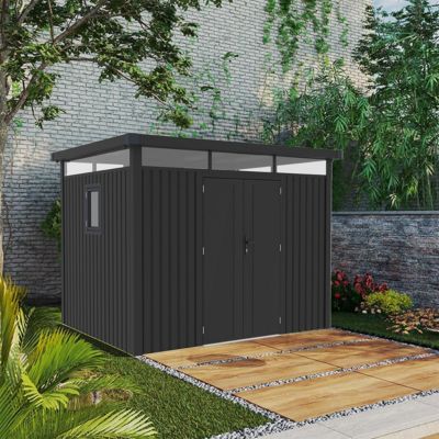 Abri de jardin métal anthracite 7.45m² toit plat + kit d'ancrage