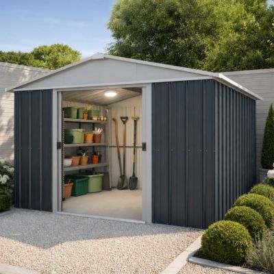 Abri de jardin métal anthracite Yardmaster 11,03 m² + kit d'ancrage + lampe magnétique