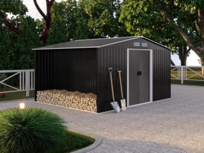 Abri de jardin métal avec abri bûche en acier galvanisé gris 10,29 m² - LERY