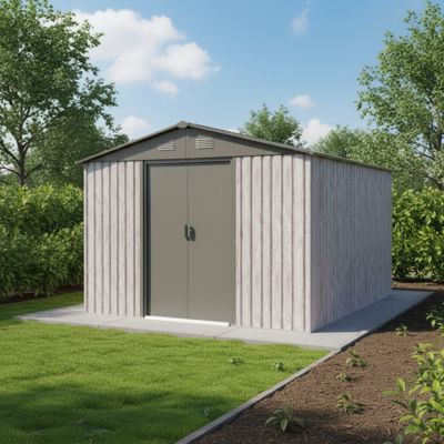 Abri de jardin métal beige 9,12m² avec double porte et kit d'ancrage X-Metal WoodTouch