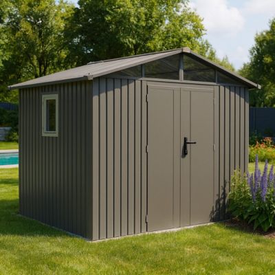 Abri de jardin métal taupe 5.71 m² + kit d'ancrage