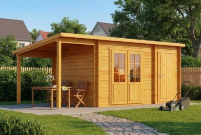 Abri de jardin Maria toit en pente avec annexe Alpholz, 6x27m dim ext (cas échéant incl débord de toit) imprégné, 28mm, 16,3m² tot
