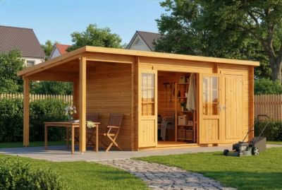 Abri de jardin Maria toit en pente avec annexe Alpholz, 6x27m dim ext (cas échéant incl débord de toit) imprégné, 28mm, 16,3m² tot
