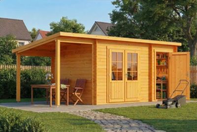 Abri de jardin Maria toit en pente avec annexe Alpholz, 6x27m dim ext (cas échéant incl débord de toit) imprégné, 28mm, 16,3m² tot