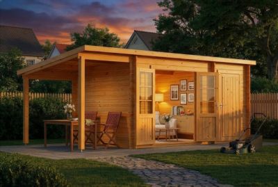 Abri de jardin Maria toit en pente avec annexe Alpholz, 6x27m dim ext (cas échéant incl débord de toit) imprégné, 28mm, 16,3m² tot