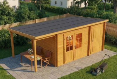 Abri de jardin Maria toit en pente avec annexe Alpholz, 6x27m dim ext (cas échéant incl débord de toit) imprégné, 28mm, 16,3m² tot