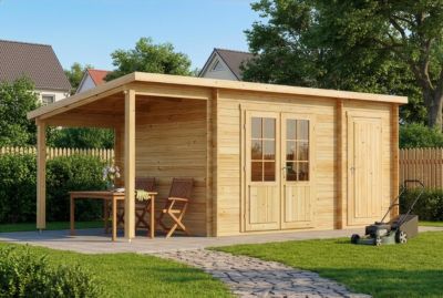 Abri de jardin Maria toit en pente avec annexe Alpholz, 6x27m dim ext (cas échéant incl débord de toit) naturel, 28mm, 16,3m² tota