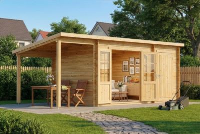 Abri de jardin Maria toit en pente avec annexe Alpholz, 6x27m dim ext (cas échéant incl débord de toit) naturel, 28mm, 16,3m² tota