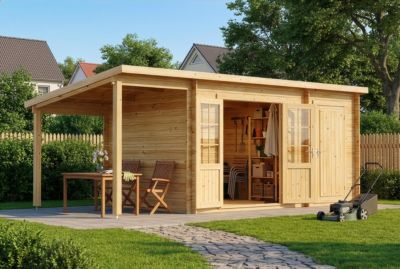 Abri de jardin Maria toit en pente avec annexe Alpholz, 6x27m dim ext (cas échéant incl débord de toit) naturel, 40mm, 16,3m² tota
