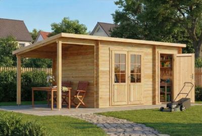 Abri de jardin Maria toit en pente avec annexe Alpholz, 6x27m dim ext (cas échéant incl débord de toit) naturel, 40mm, 16,3m² tota