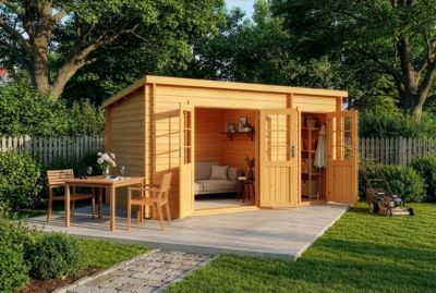 Abri de jardin Maria toit monopente avec annexe Alpholz, 45x27m dim ext (cas échéant incl débord de toit) imprégné, 40mm, 12,2m² t