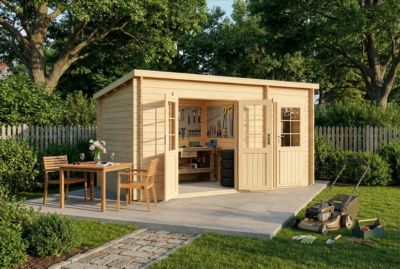 Abri de jardin Maria toit monopente avec annexe Alpholz, 45x27m dim ext (cas échéant incl débord de toit) naturel, 28mm, 12,2m² to