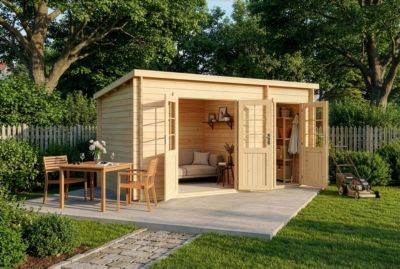 Abri de jardin Maria toit monopente avec annexe Alpholz, 45x27m dim ext (cas échéant incl débord de toit) naturel, 28mm, 12,2m² to