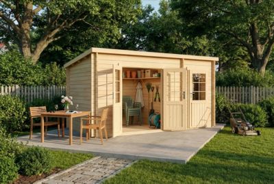 Abri de jardin Maria toit monopente avec annexe Alpholz, 45x27m dim ext (cas échéant incl débord de toit) naturel, 40mm, 12,2m² to