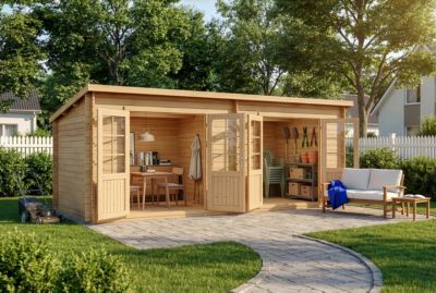 Abri de jardin Maria Twin Alpholz, 6x27m dim ext (cas échéant incl débord de toit) naturel, épaisseur paroi : 40mm, 16,3m² totale