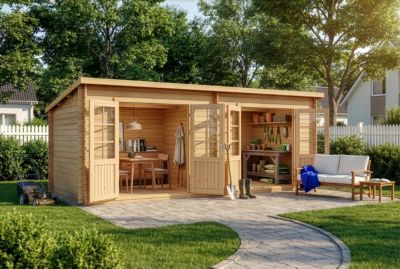 Abri de jardin Maria Twin Alpholz, 6x27m dim ext (cas échéant incl débord de toit) naturel, épaisseur paroi : 40mm, 16,3m² totale