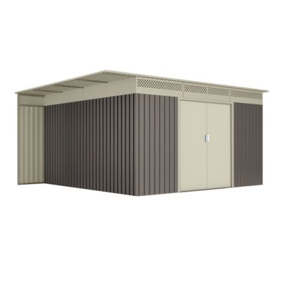 Abri de Jardin Metal Avec Bucher 13.22 m2 Coffee - Porte Coulissante Double - Grilles de Ventilation - Toit Plat