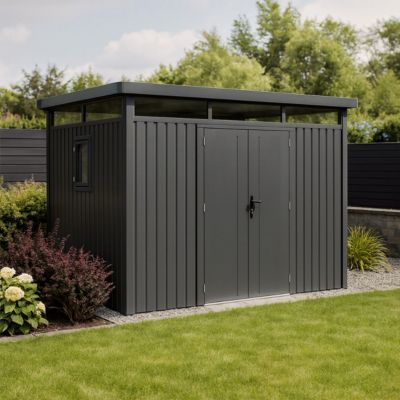 Abri de jardin moderne gris anthracite toit plat en acier galvanisé
