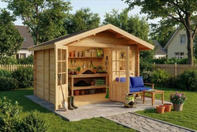 Abri de jardin Palermo Alpholz, 33x33m dim ext (cas échéant incl débord de toit) naturel, épaisseur paroi : 28mm, 11m² totale