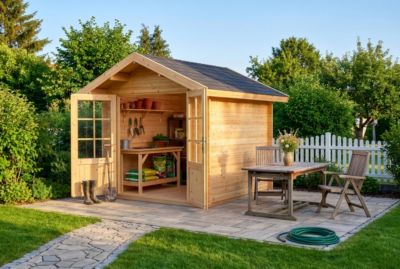 Abri de jardin Palma Alpholz, 26x26m dim ext (cas échéant incl débord de toit) naturel, épaisseur paroi : 28mm, 6,8m² totale