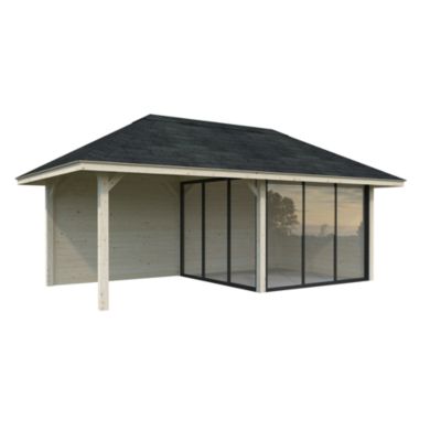 Abri de jardin Palmako Bianca en bois ép.28 mm et pergola 12,9m² surface extérieure totale 31,5m²