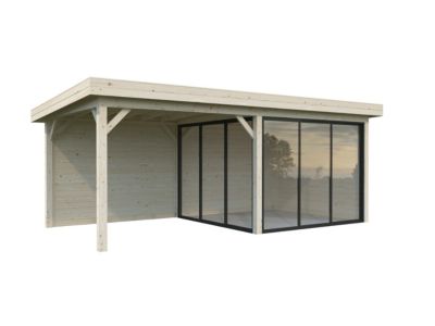 Abri de jardin Palmako Lenna 405 en bois naturel ép.28 mm et pergola 10,1m² surface extérieure totale 21,4m²
