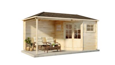 Abri de jardin pentagonal Franz avec extension Alpholz, 51x26m dim ext (cas échéant incl débord de toit) naturel, 28mm, 13,3m² tot