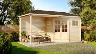 Abri de jardin pentagonal Franz avec extension Alpholz, 51x26m dim ext (cas échéant incl débord de toit) naturel, 28mm, 13,3m² tot