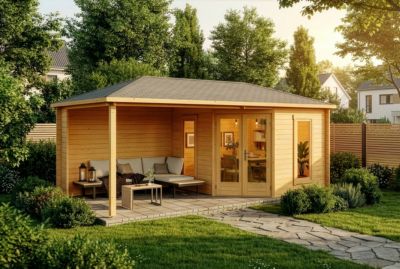 Abri de jardin pentagonal Liwa Alpholz, 61x32m dim ext (cas échéant incl débord de toit) imprégné, 40mm, 19,5m² superficie totale