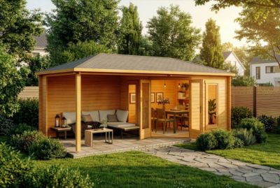 Abri de jardin pentagonal Liwa Alpholz, 61x32m dim ext (cas échéant incl débord de toit) imprégné, 40mm, 19,5m² superficie totale