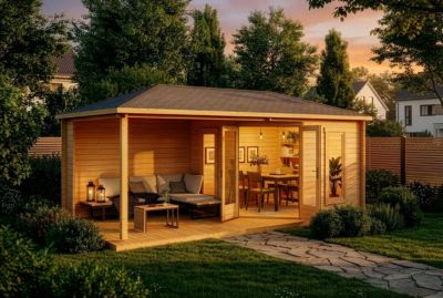 Abri de jardin pentagonal Liwa Alpholz, 61x32m dim ext (cas échéant incl débord de toit) imprégné, 40mm, 19,5m² superficie totale