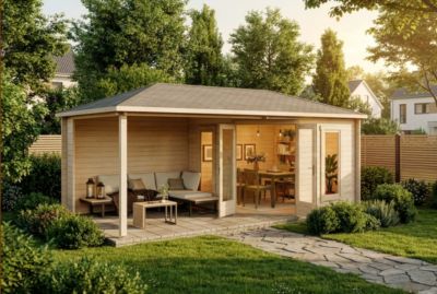 Abri de jardin pentagonal Liwa Alpholz, 61x32m dim ext (cas échéant incl débord de toit) naturel, 28mm, 19,5m² superficie totale