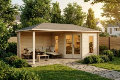 Abri de jardin pentagonal Liwa Alpholz, 61x32m dim ext (cas échéant incl débord de toit) naturel, 40mm, 19,5m² superficie totale