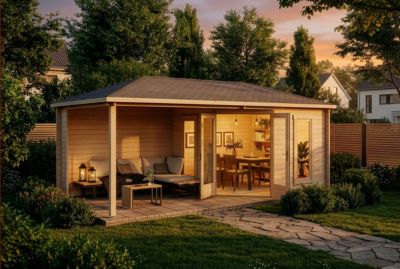 Abri de jardin pentagonal Liwa Alpholz, 61x32m dim ext (cas échéant incl débord de toit) naturel, 40mm, 19,5m² superficie totale