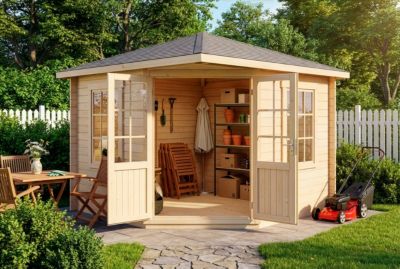 Abri de jardin pentagonal Monica Alpholz, 32x32m dim ext (cas échéant incl débord de toit) naturel, 40mm, 10,2m² superficie totale