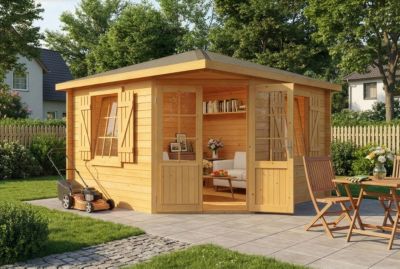 Abri de jardin pentagonal Monica Royal Alpholz, 37x37m dim ext (cas échéant incl débord de toit) imprégné, 28mm, 13,5m² totale