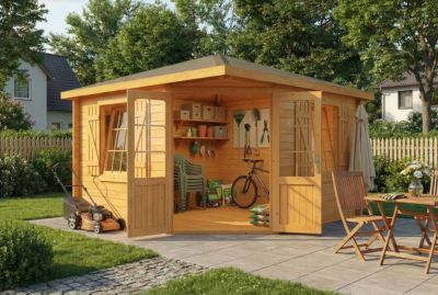 Abri de jardin pentagonal Monica Royal Alpholz, 37x37m dim ext (cas échéant incl débord de toit) imprégné, 28mm, 13,5m² totale