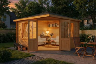 Abri de jardin pentagonal Monica Royal Alpholz, 37x37m dim ext (cas échéant incl débord de toit) imprégné, 28mm, 13,5m² totale