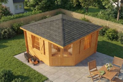 Abri de jardin pentagonal Monica Royal Alpholz, 37x37m dim ext (cas échéant incl débord de toit) imprégné, 28mm, 13,5m² totale
