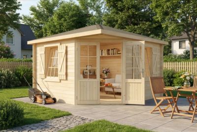 Abri de jardin pentagonal Monica Royal Alpholz, 37x37m dim ext (cas échéant incl débord de toit) naturel, 28mm, 13,5m² superficie