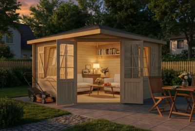Abri de jardin pentagonal Monica Royal Alpholz, 37x37m dim ext (cas échéant incl débord de toit) naturel, 28mm, 13,5m² superficie