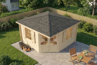Abri de jardin pentagonal Monica Royal Alpholz, 37x37m dim ext (cas échéant incl débord de toit) naturel, 28mm, 13,5m² superficie