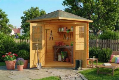 Abri de jardin pentagonal Sunny A Alpholz, 22x22m dim ext (cas échéant incl débord de toit) imprégné, 28mm, 4,8m² superficie total